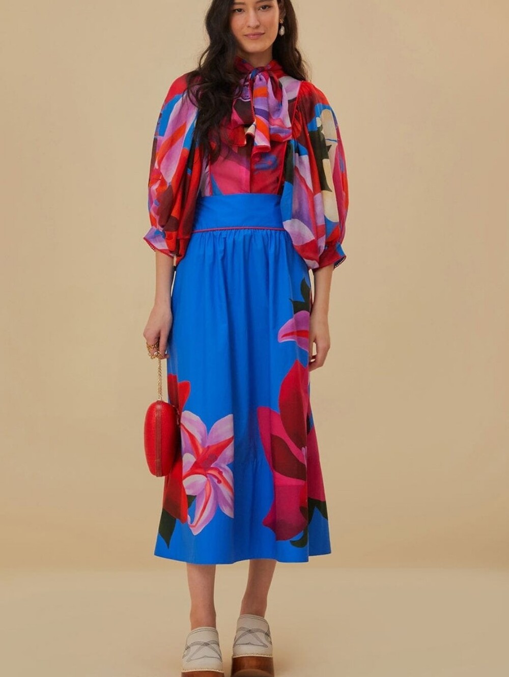 Farm Rio Watercolor Floral Blue Balloon Sleeve Cotton Voile Blouse - Picture 5 of 16